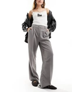 Noisy May High Waisted Wide Leg Tailored Trousers In Grey For Women Titanium -Noisy May Shop 205877273 1 titanium 1