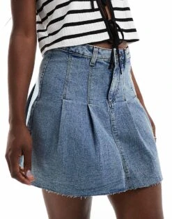 Noisy May Pleated Mini Skirt In Mid Blue Wash For Women Medium