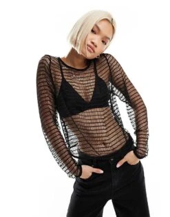 Noisy May Long Sleeve Mesh Top In Black For Women