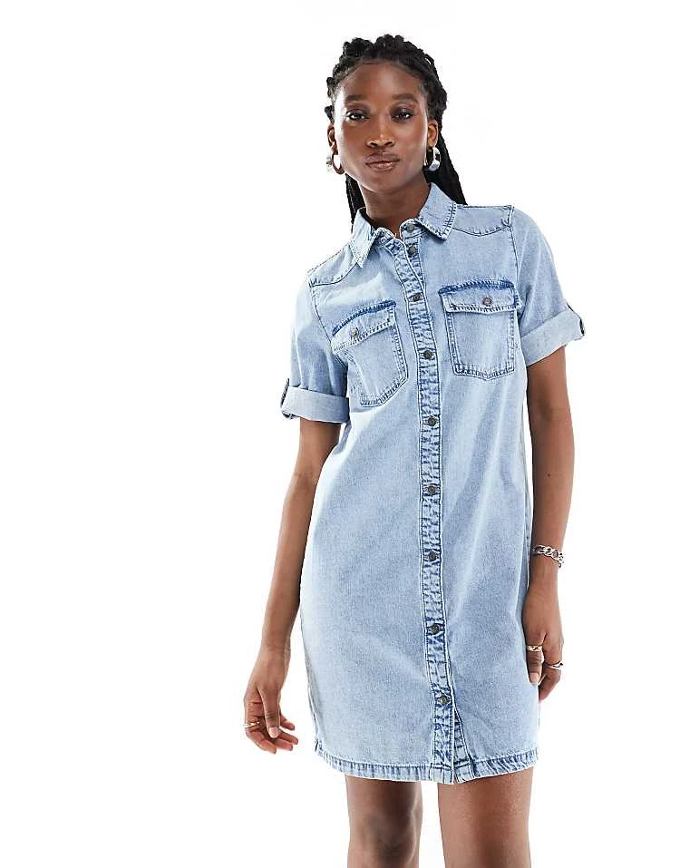 Noisy May Rolled Sleeve Denim Mini Dress In Light Blue Wash For Women Light Blue Denim 5 Noisy May Rolled Sleeve Denim Mini Dress In Light Blue Wash For Women Light Blue Denim - Image 5