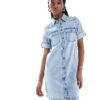 Noisy May Rolled Sleeve Denim Mini Dress In Light Blue Wash For Women Light Blue Denim