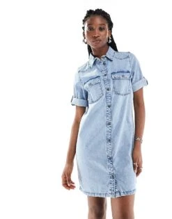 Noisy May Rolled Sleeve Denim Mini Dress In Light Blue Wash For Women Light Blue Denim