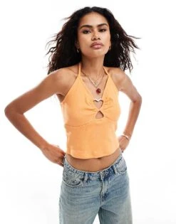 Noisy May Heart Ring Detail Top In Orange For Women Tangerine