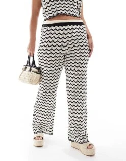 Noisy May Curve Knitted Wide Leg Trouser Co-ord In Black & White Wave For Women