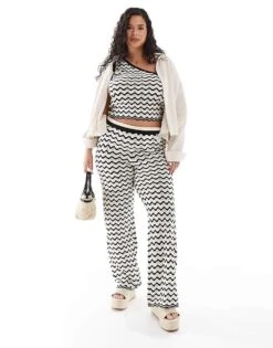 Noisy May Curve Knitted Wide Leg Trouser Co-ord In Black & White Wave For Women -Noisy May Shop 206036884 5