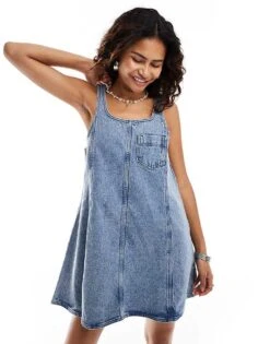 Noisy May Denim Pinafore Dress In Mid Wash Blue For Women Medium Blue Denim