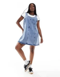 Noisy May Curve Denim Pinafore Dress In Mid Wash Blue For Women Medium Blue Denim -Noisy May Shop 206036956 1 mediumbluedenim 1