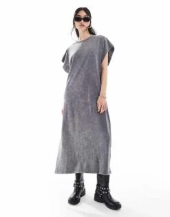 Noisy May Midaxi T-shirt Dress In Washed Grey For Women Charcoal Gray