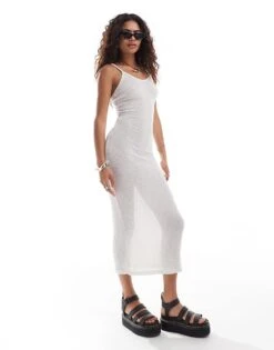 Noisy May Tie Back Open Knit Midaxi Dress In Off White For Women Bright White