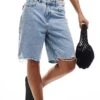 Noisy May High Waisted Raw Hem Bermuda Short In Light Wash Blue For Women Light Blue Denim