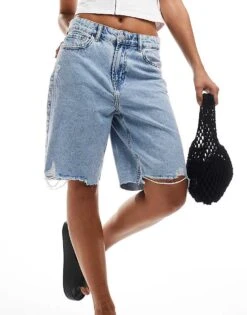Noisy May High Waisted Raw Hem Bermuda Short In Light Wash Blue For Women Light Blue Denim