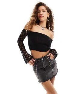 Noisy May Off Shoulder Open Knit Top In Black For Women