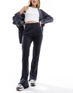 Noisy May Ribbed Flared Trousers In Washed Grey For Women Black Wash