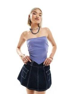Noisy May Hanky Hem Bandaue Top In Washed Denim For Women Bleached Denim