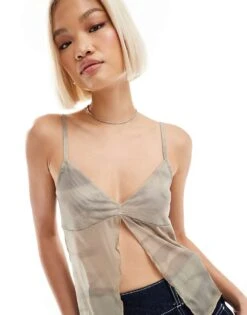 Noisy May Tie Detail Mesh Top In Beige Print For Women Oatmeal -Noisy May Shop 206180826 3