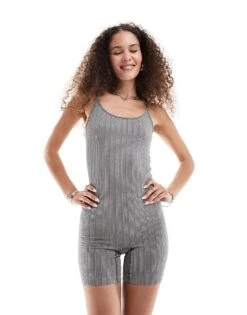 Noisy May Ribbed Playsuit In Dark Grey For Women Charcoal Gray