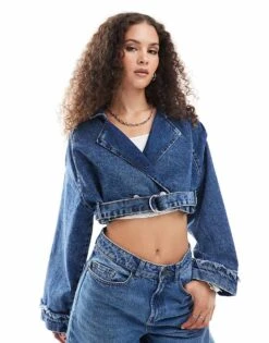 Noisy May Cropped Denim Jacket With Belt Detail In Mid Wash Blue For Women Medium Blue Denim