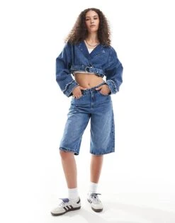 Noisy May Cropped Denim Jacket With Belt Detail In Mid Wash Blue For Women Medium Blue Denim -Noisy May Shop 206180954 3