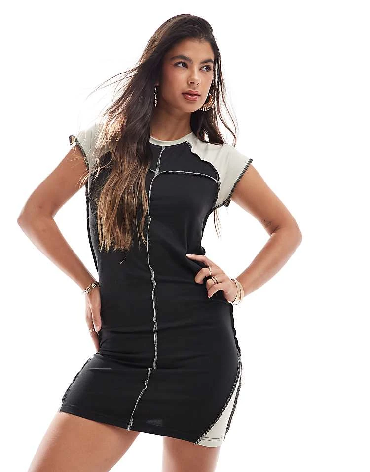 Noisy May Seam Detail Cap Sleeve Dress In Black & Beige For Women 5 Noisy May Seam Detail Cap Sleeve Dress In Black & Beige For Women - Image 5