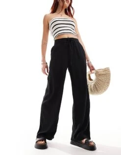 Noisy May Loose Fit Linen Mix Trouser In Black For Women