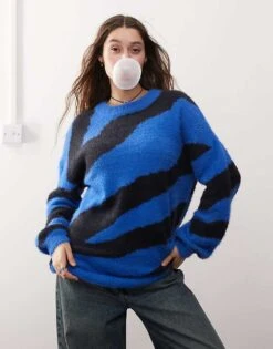 Noisy May Oversize Texture Knit Jumper In Blue & Black Zebra For Women Lapis Blue -Noisy May Shop 206441797 1 lapisblue 1
