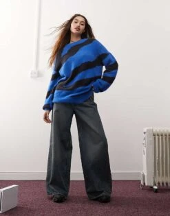 Noisy May Oversize Texture Knit Jumper In Blue & Black Zebra For Women Lapis Blue -Noisy May Shop 206441797 3