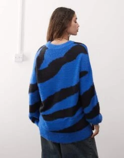 Noisy May Oversize Texture Knit Jumper In Blue & Black Zebra For Women Lapis Blue -Noisy May Shop 206441797 4