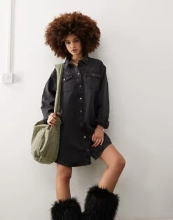 Noisy May Long Sleeve Denim Shirt Dress In Washed Black For Women Black Denim