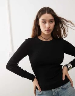 Noisy May Crew Neck Knitted Jumper In Black For Women