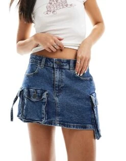 Noisy May Denim Mini Skirt With Cargo Detail In Blue Acid Wash For Women Medium Blue Denim