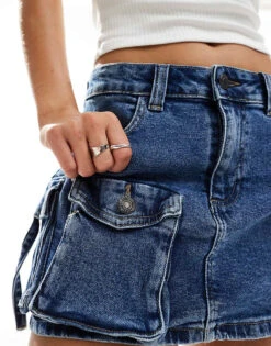 Noisy May Denim Mini Skirt With Cargo Detail In Blue Acid Wash For Women Medium Blue Denim -Noisy May Shop 206441842 3