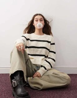 Noisy May Round Neck Jumper In Cream & Black Stripe For Women Eggnog Black -Noisy May Shop 206441858 1 eggnogblack 1