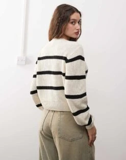 Noisy May Round Neck Jumper In Cream & Black Stripe For Women Eggnog Black -Noisy May Shop 206441858 4