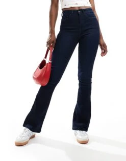 Noisy May Sallie High Waist Flare Jeans In Dark Blue Wash - NAVY For Women Dark Blue Denim