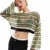 Noisy May Open Knit Cropped Jumper With Wide Sleeve In Cream & Green For Women Black