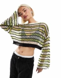 Noisy May Open Knit Cropped Jumper With Wide Sleeve In Cream & Green For Women Black