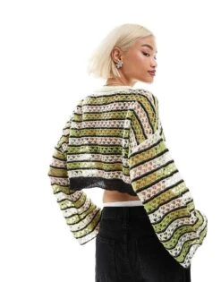 Noisy May Open Knit Cropped Jumper With Wide Sleeve In Cream & Green For Women Black -Noisy May Shop 206441996 3