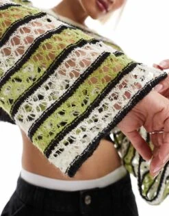 Noisy May Open Knit Cropped Jumper With Wide Sleeve In Cream & Green For Women Black -Noisy May Shop 206441996 4