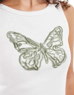 Noisy May Lettuce Hem Tank Top With Butterfly Print In White For Women Bright White -Noisy May Shop 206442083 2