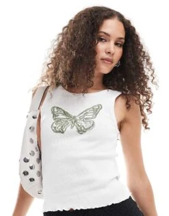 Noisy May Lettuce Hem Tank Top With Butterfly Print In White For Women Bright White -Noisy May Shop 206442083 3