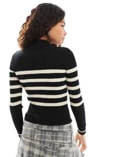 Noisy May High Neck Ribbed Jumper In Black With Cream Stripes For Women -Noisy May Shop 206442113 3