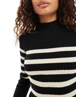 Noisy May High Neck Ribbed Jumper In Black With Cream Stripes For Women -Noisy May Shop 206442113 4