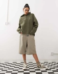 Noisy May 1/4 Zip Hooded Fleece Khaki For Women Kalamata -Noisy May Shop 206442135 4