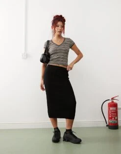 Noisy May Knitted Midi Skirt In Black For Women