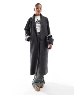 Noisy May Wool Look Maxi Overcoat In Dark Grey Melange For Women