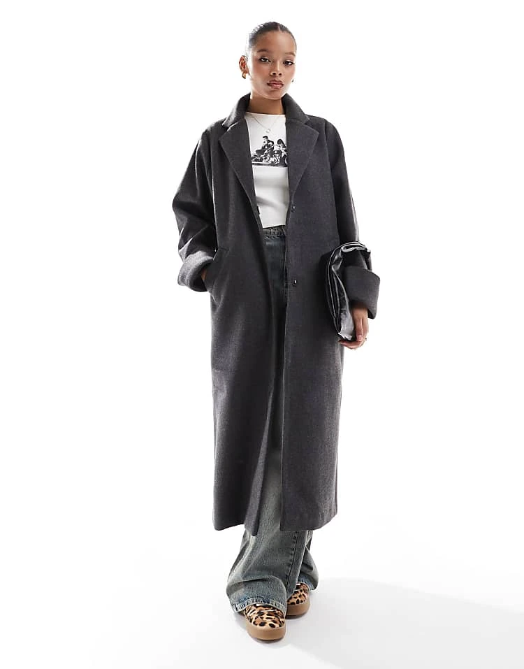 Noisy May Wool Look Maxi Overcoat In Dark Grey Melange For Women 1 Noisy May Wool Look Maxi Overcoat In Dark Grey Melange For Women