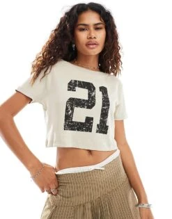Noisy May Cropped Football Jersey With 21 Print In Light Grey For Women Agate Gray