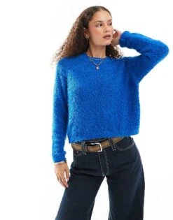 Noisy May Crew Neck Fuzzy Knit Jumper In Blue For Women Lapis Blue