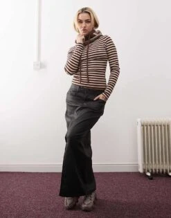 Noisy May Faux Leather Maxi Skirt With Front Slit In Black For Women