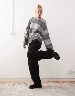 Noisy May Oversize Texture Jumper In Tonal Grey Stripe For Women Light Grey Melange -Noisy May Shop 206445284 3